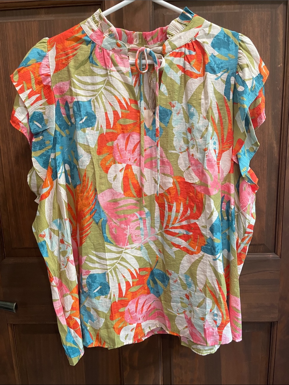 easel Tropical Tie-Front Blouse in Coral, Olive & Teal